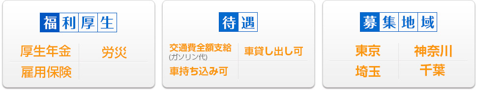 福利厚生 厚生年金 労災 雇用保険　待遇 交通費全額支給(ガソリン代) 車貸し出し可 車持ち込み可　募集地域 東京 神奈川 埼玉 千葉